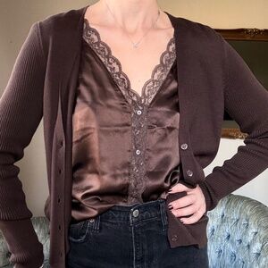 Brown cardigan with silk lace cami y2k layered top Med rib knit pocket sweater